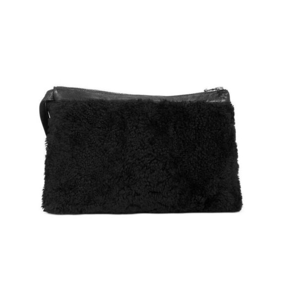 VIAVENETO Delilah curly shearling and leather wristlet pouch-Black - Picture 1 of 11